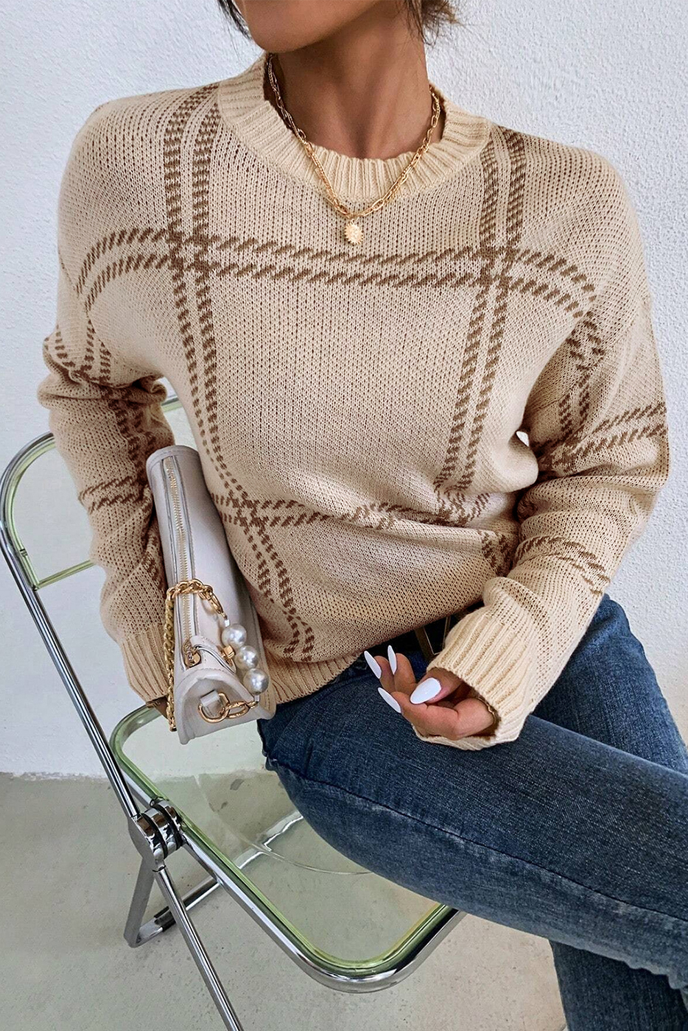 Khaki Plaid Pattern Knitted Drop Shoulder Sweater - loveforevers
