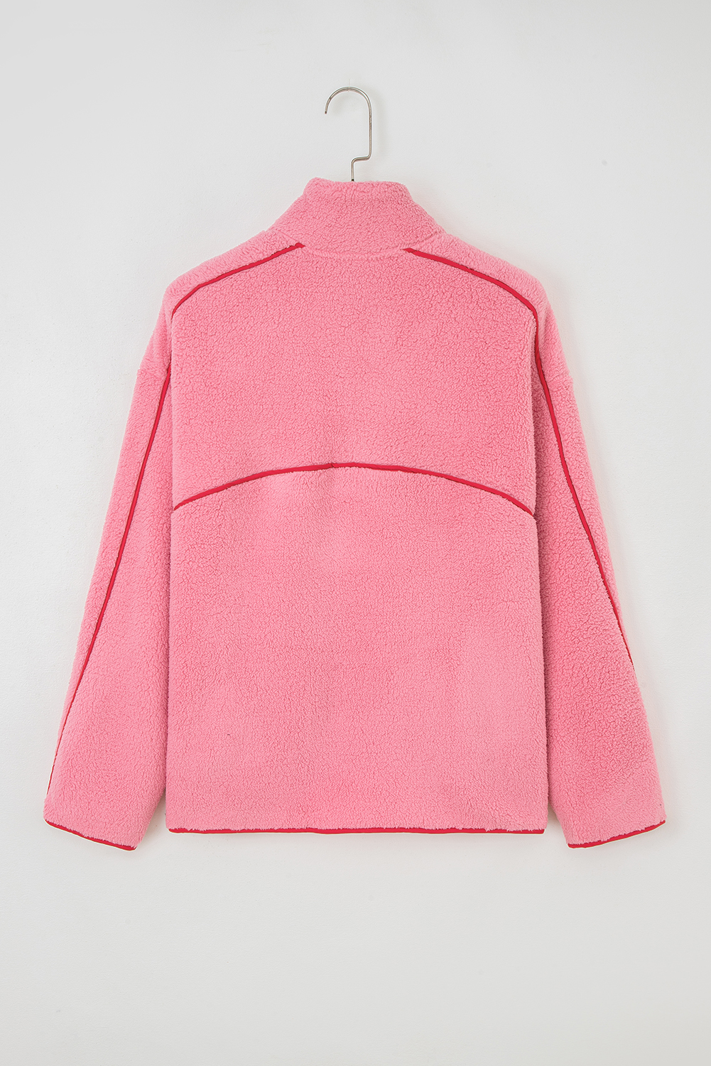 Strawberry Pink Sherpa Contrast Faux Leather Trim Half Zip Pocketed Pullover Sweatshirt - loveforevers