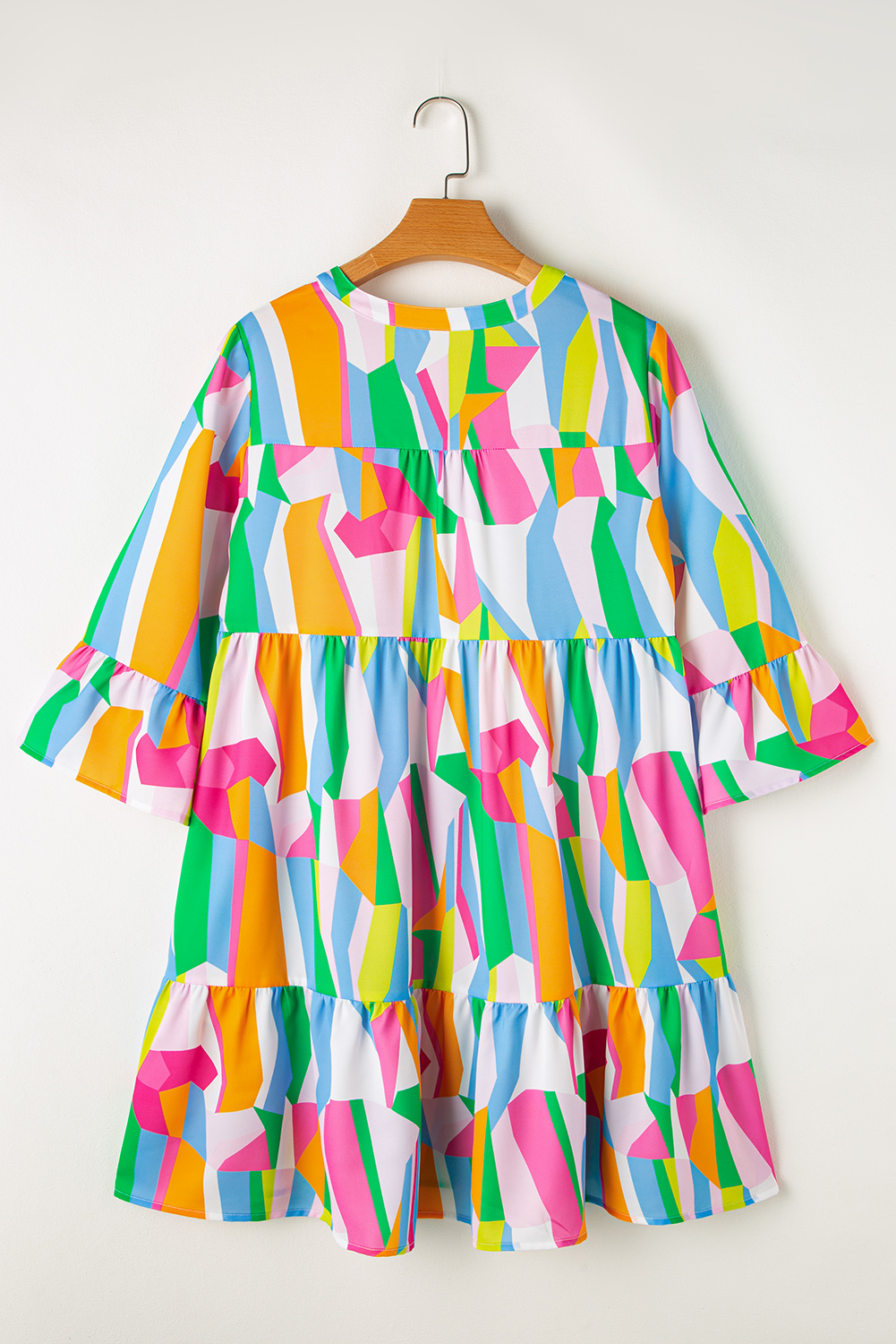 Green Abstract Print Ruffled Sleeve V Neck Dress - loveforevers