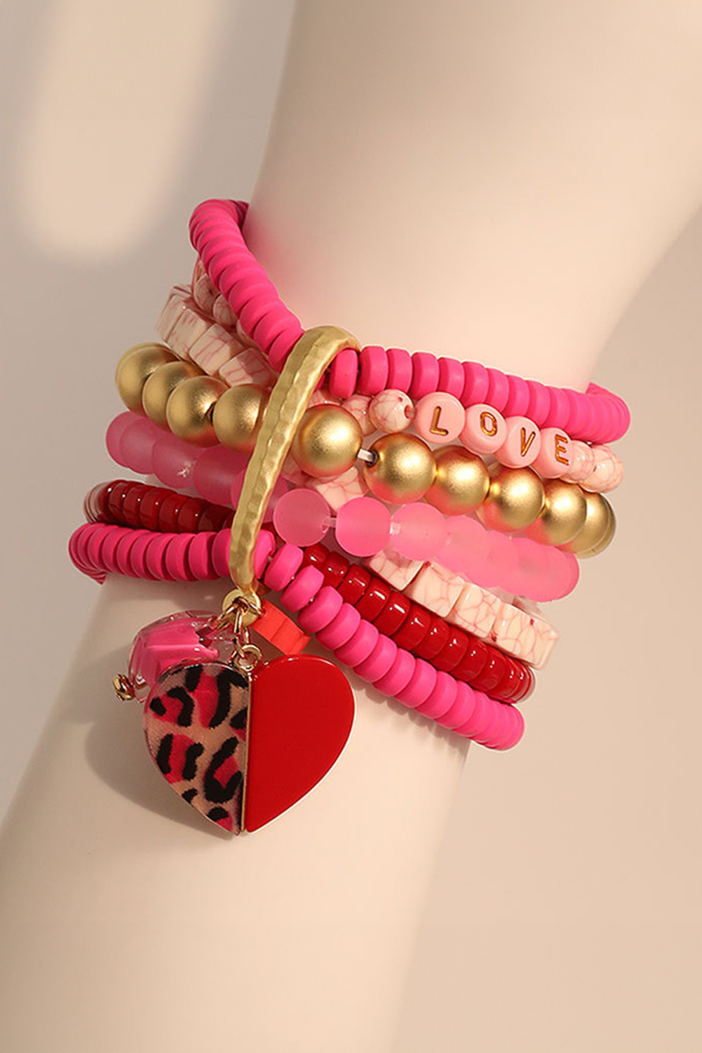 Rose Red Multi Beaded Stack Bracelet with Leopard Heart Charm - loveforevers