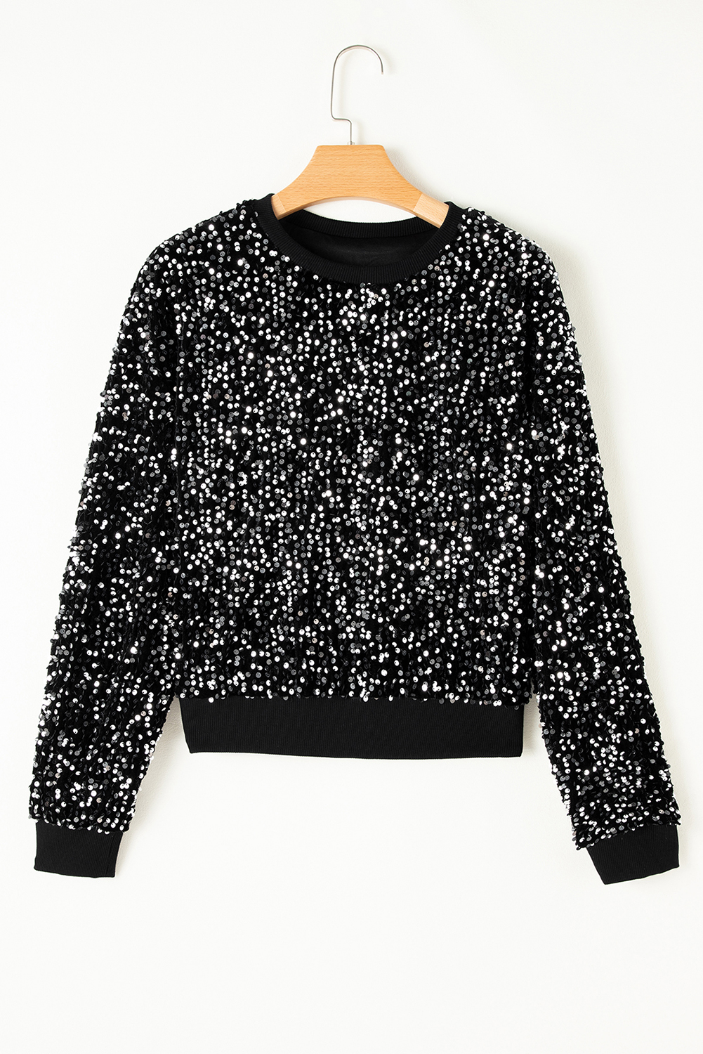 Black Sequined Long Sleeve Crew Neck Cropped Blouse - loveforevers