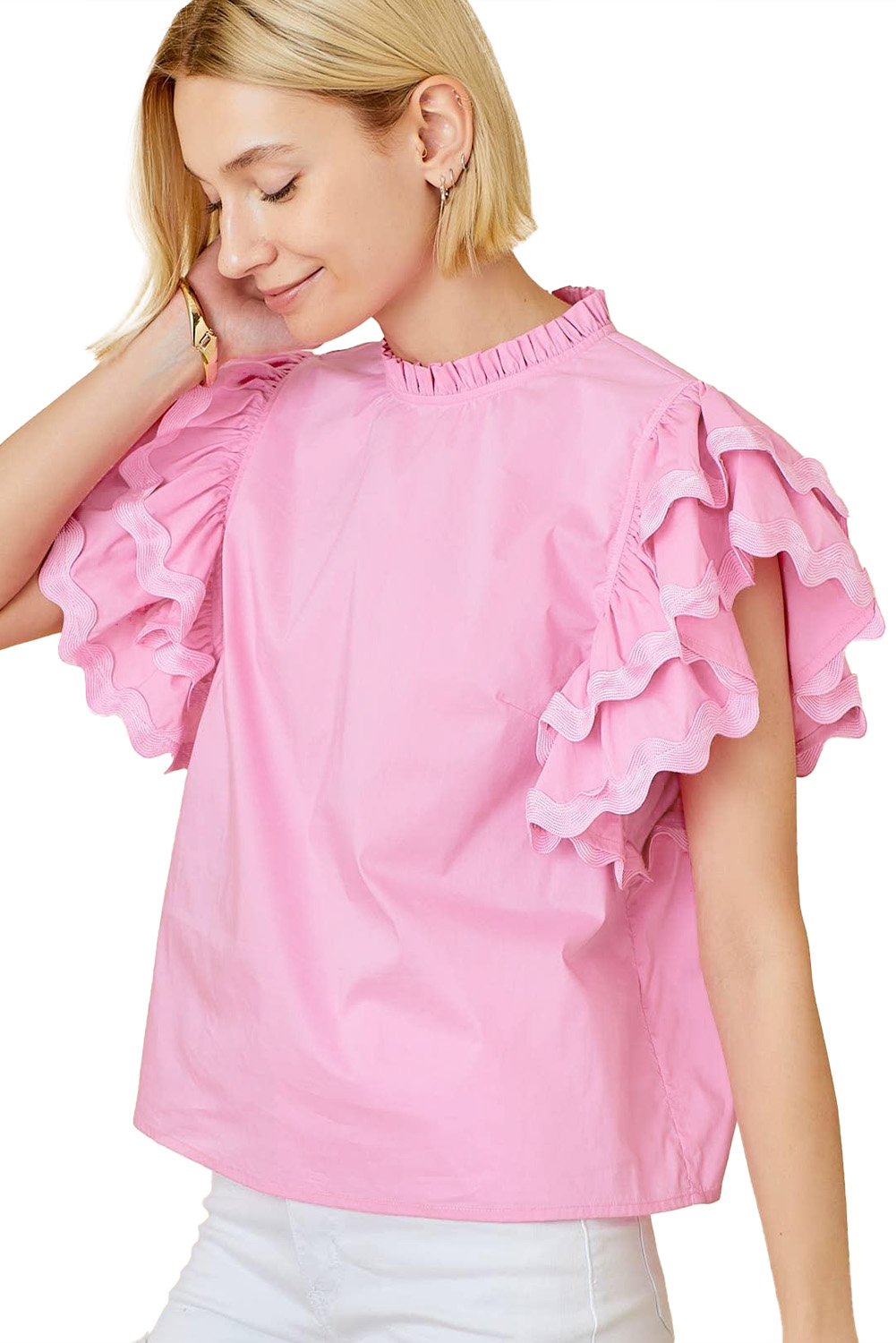 Bonbon Ricrac Ruffled Sleeve Frilled Collar Blouse - loveforevers