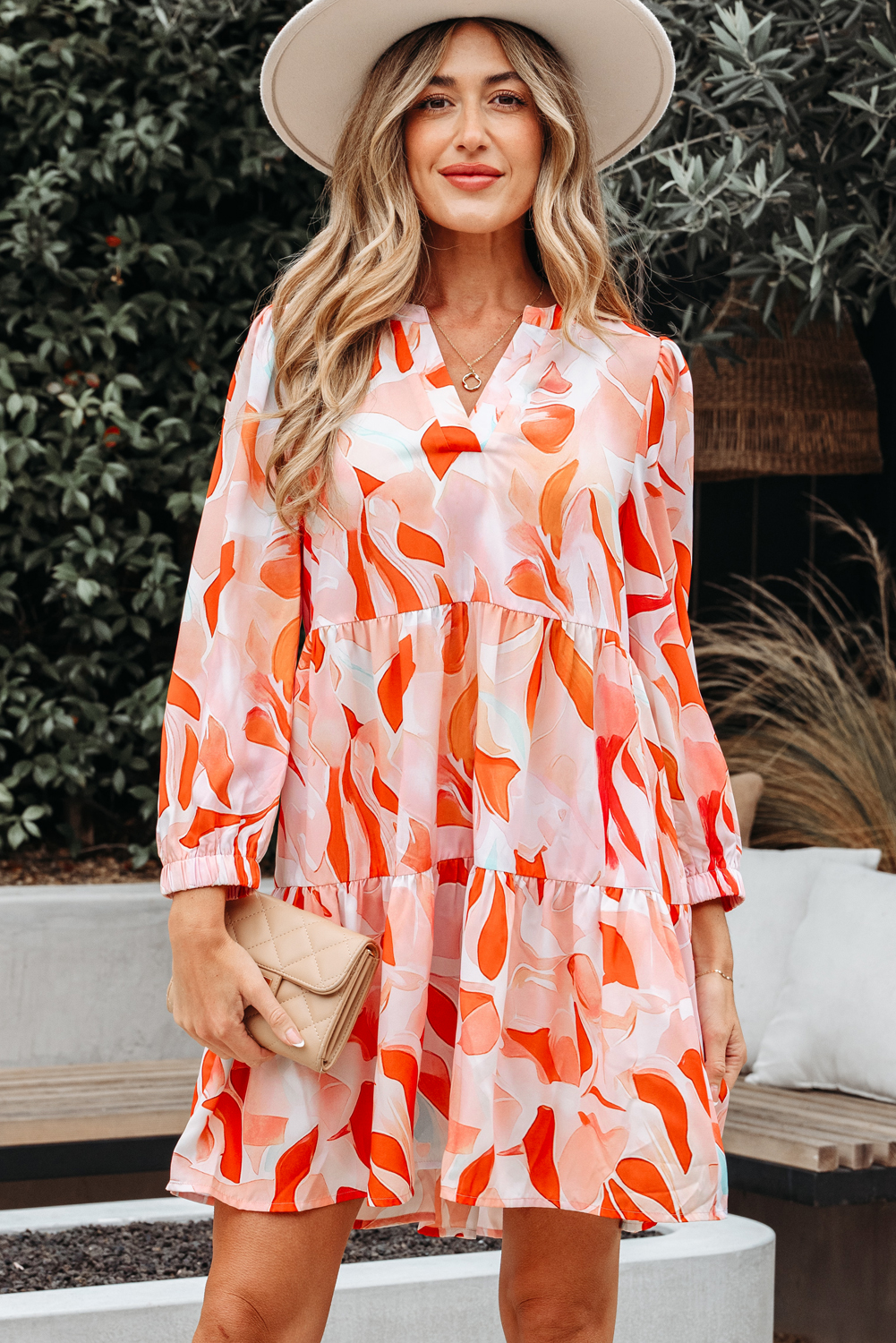 Orange Abstract Print Split Neck Long Sleeve Dress - loveforevers