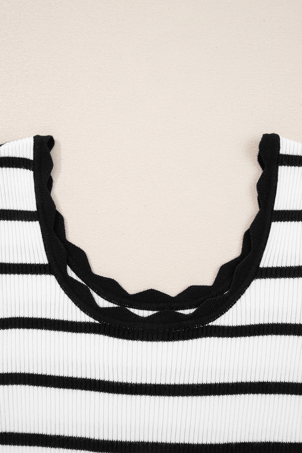 Black white Scalloped Trim U Neck Striped Ribbed Slim Sweater - loveforevers