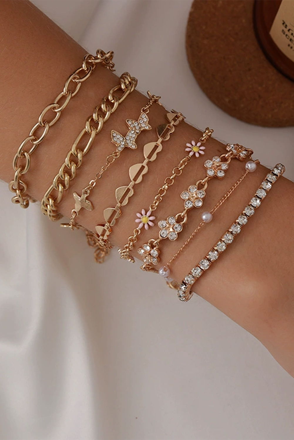 Gold Rhinestone Decor Butterfly Flower Multi Layer Bracelet Set - loveforevers