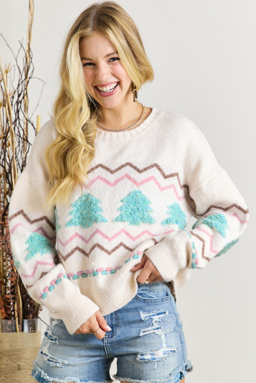 White Striped Christmas Tree Ribbed Trim Drop Shoulder Sweater - loveforevers