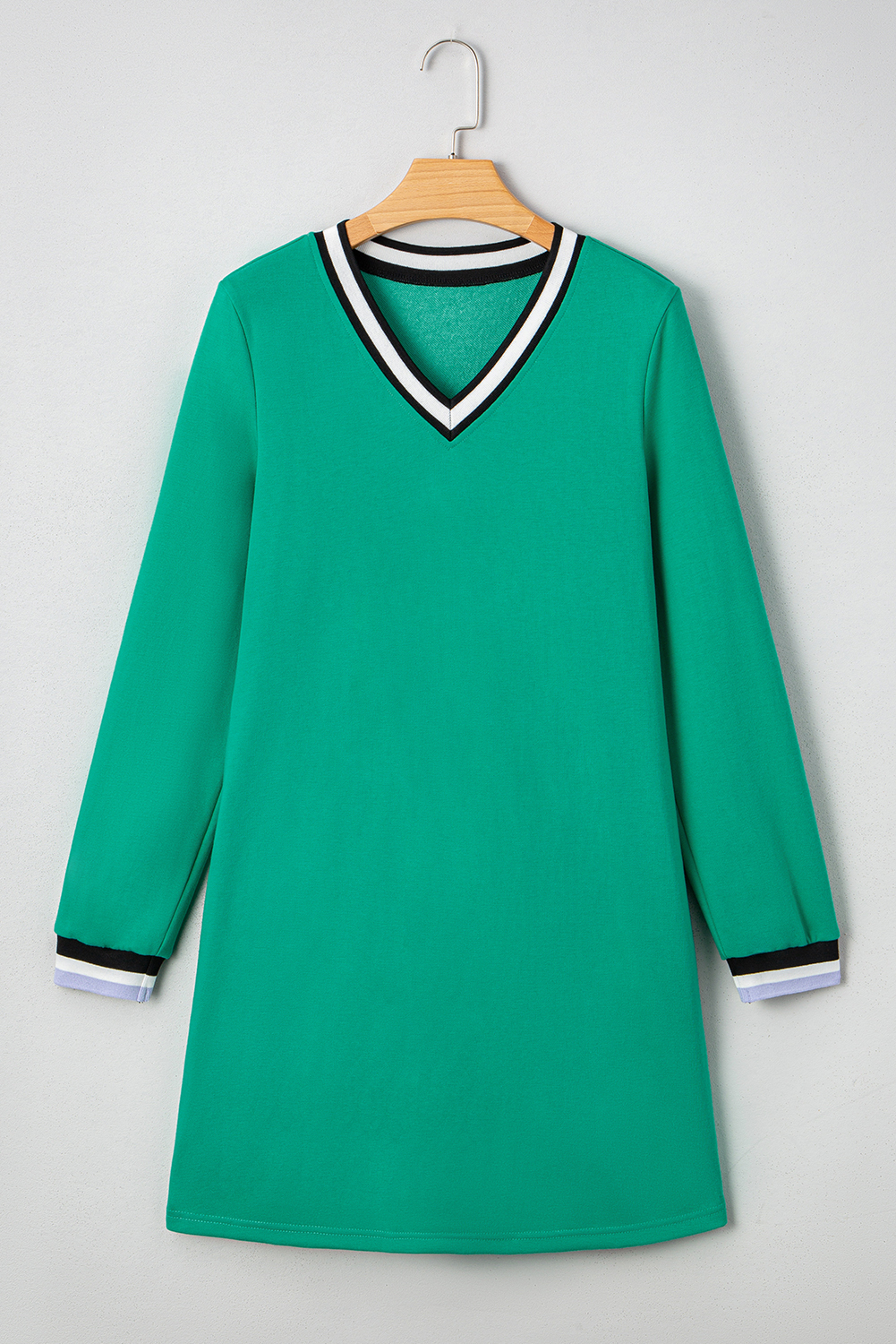 Mint Green Varsity Contrast Striped V Neck Long Sleeve T Shirt Dress with Pockets - loveforevers