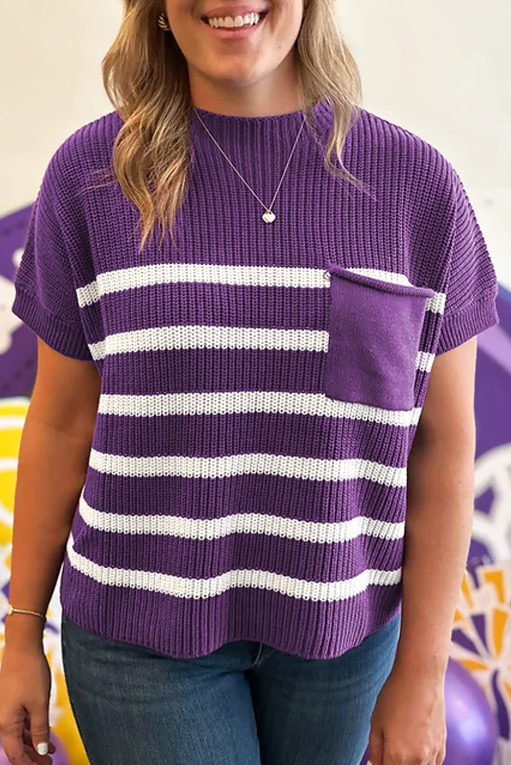 Purple Stripe Raw Edge Patched Pocket Short Sleeve Knit Sweater - loveforevers