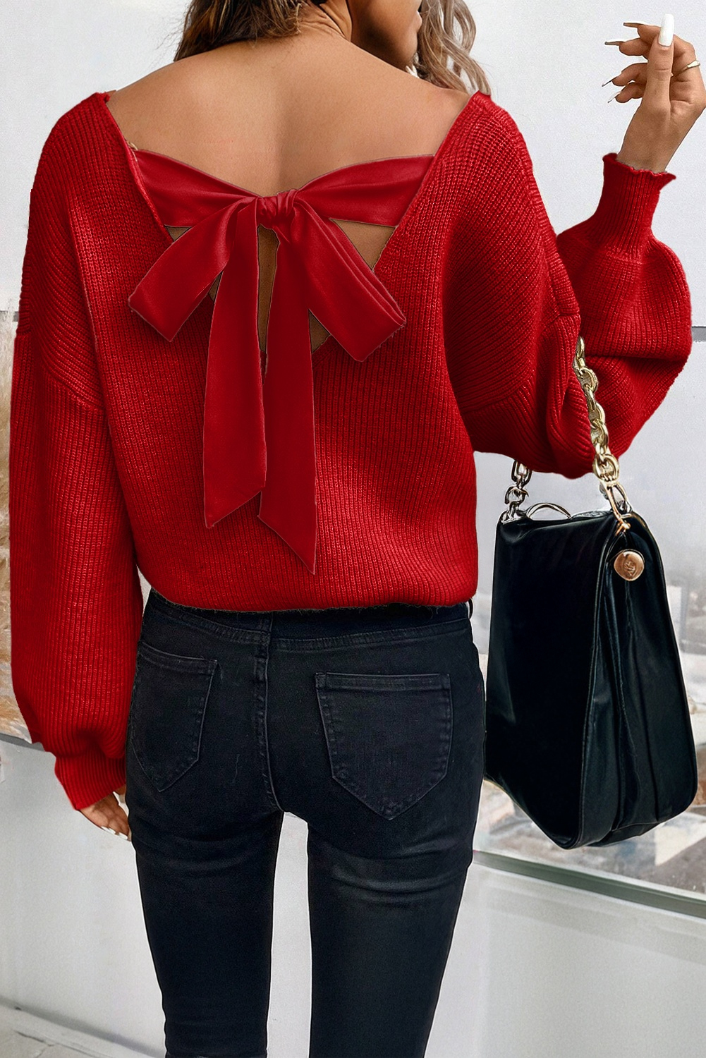 Racing Red Lantern Sleeve V Neck Knot Back Sweater - loveforevers
