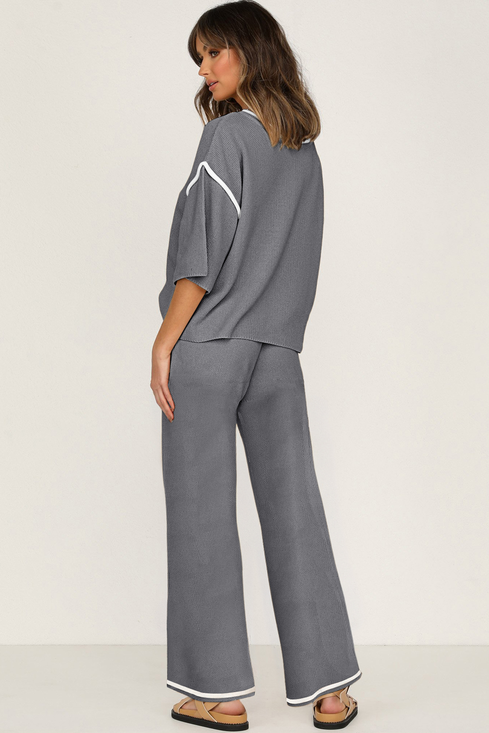 Blackish Green Contrast Trim Half Sleeve Top Drawstring Pants Loose 2pcs Sweater Suit - loveforevers
