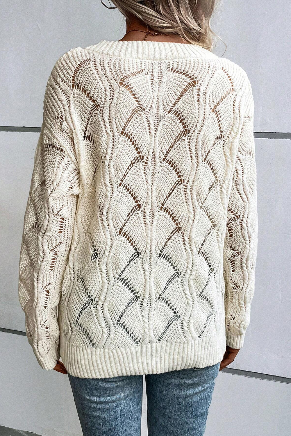 Beige Hollow Out Knit V Neck Drop Shoulder Sweater - loveforevers