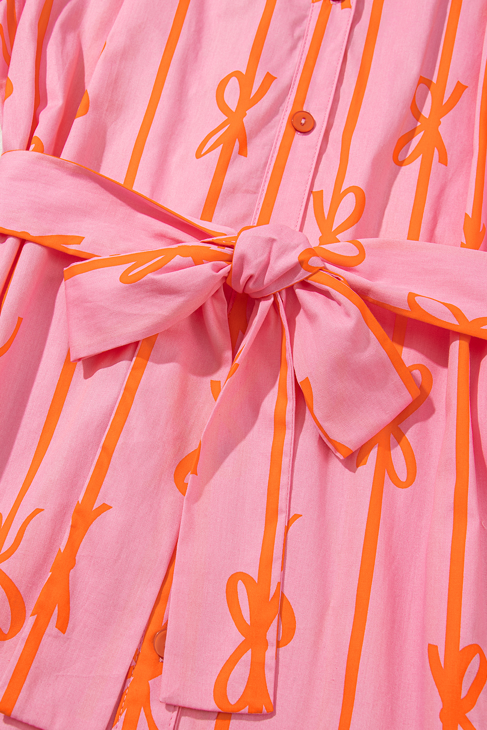 Pink Bowknot Striped Printed Bubble Sleeve Buttoned Belted Mini Dress - loveforevers