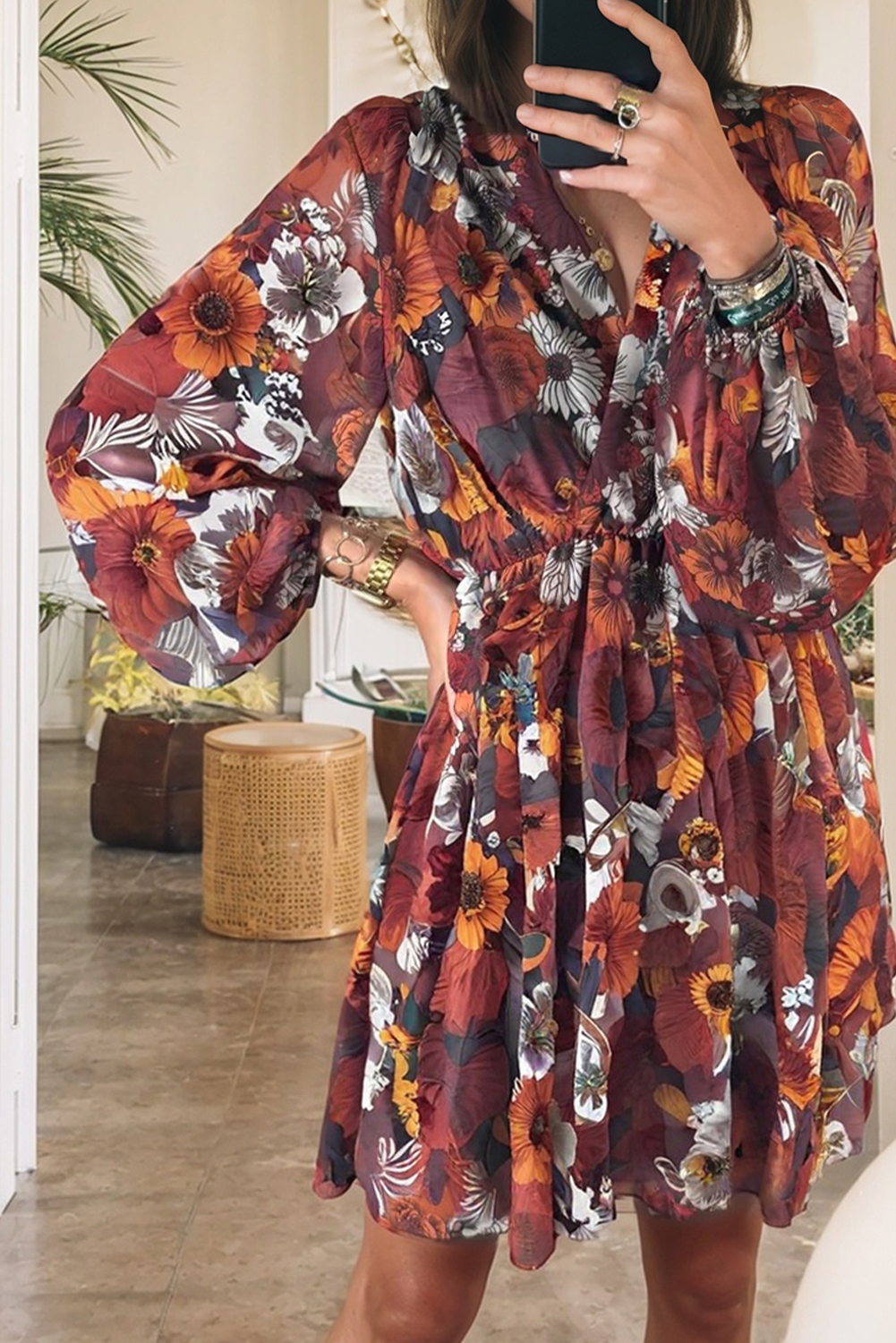 Red Floral Print Wrap V Neck Puff Sleeve Flowy Mini Dress - loveforevers