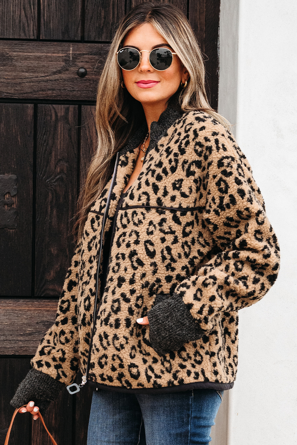 Khaki Leopard Print Zip Up Stand Neck Side Pocket Jacket - loveforevers