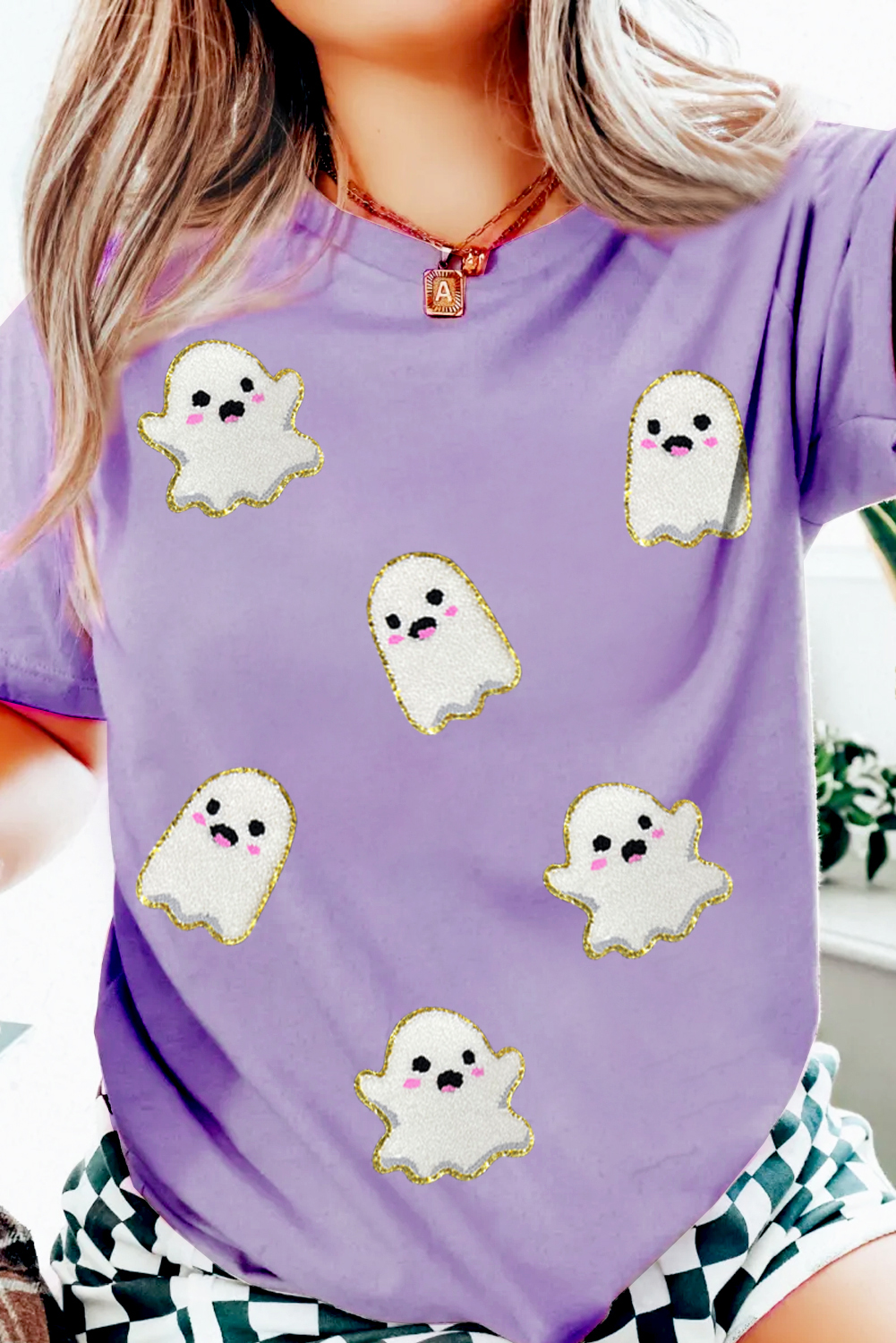 Wisteria Glitter Trim Chenille Ghost Patched Halloween Graphic Tee - loveforevers