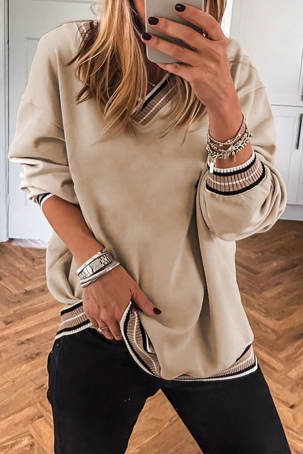Gray Varsity Contrast Striped Trim V Neck Sweatshirt - loveforevers