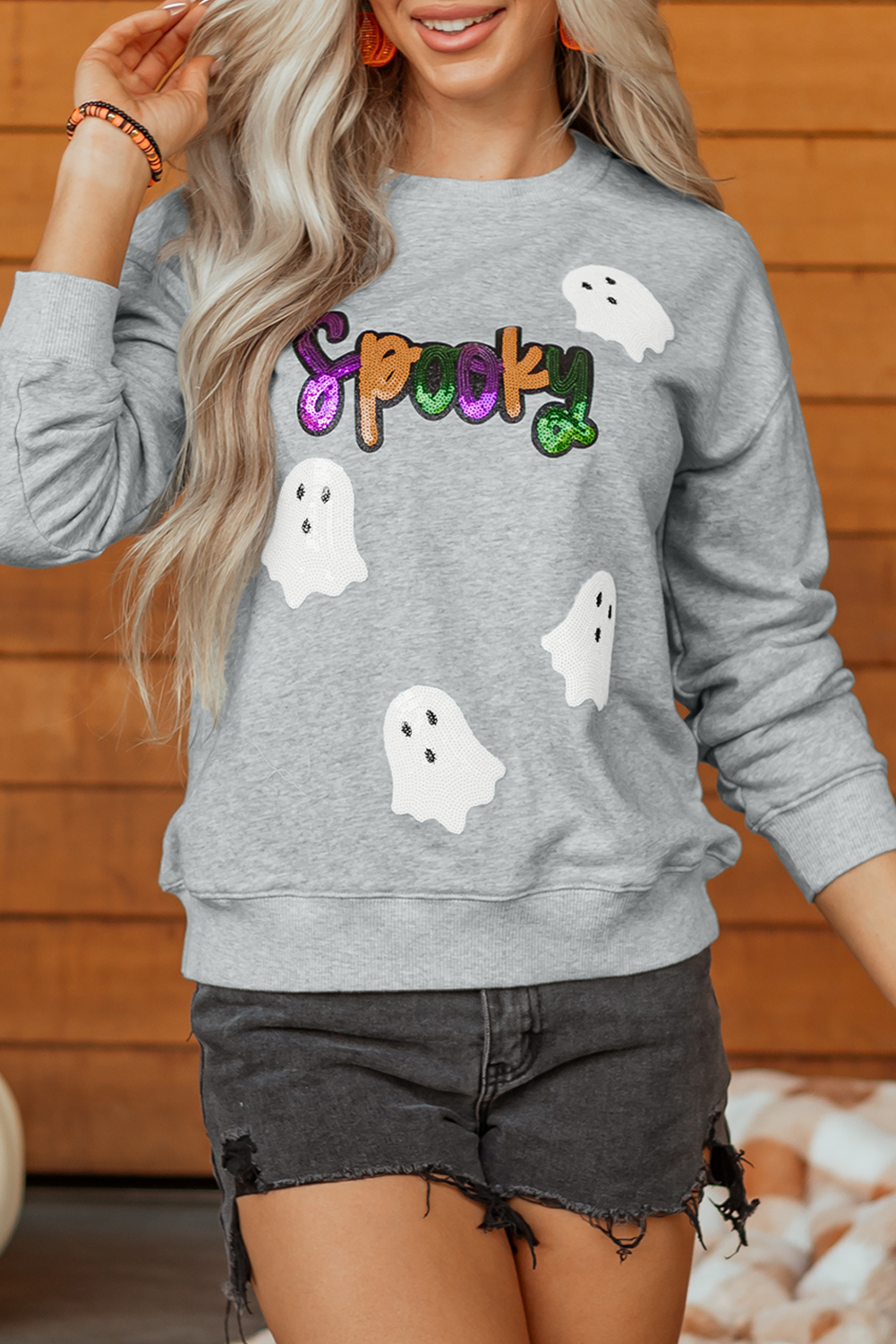 Gray Spooky Halloween Ghost Sequin Patched Sweatshirt - loveforevers
