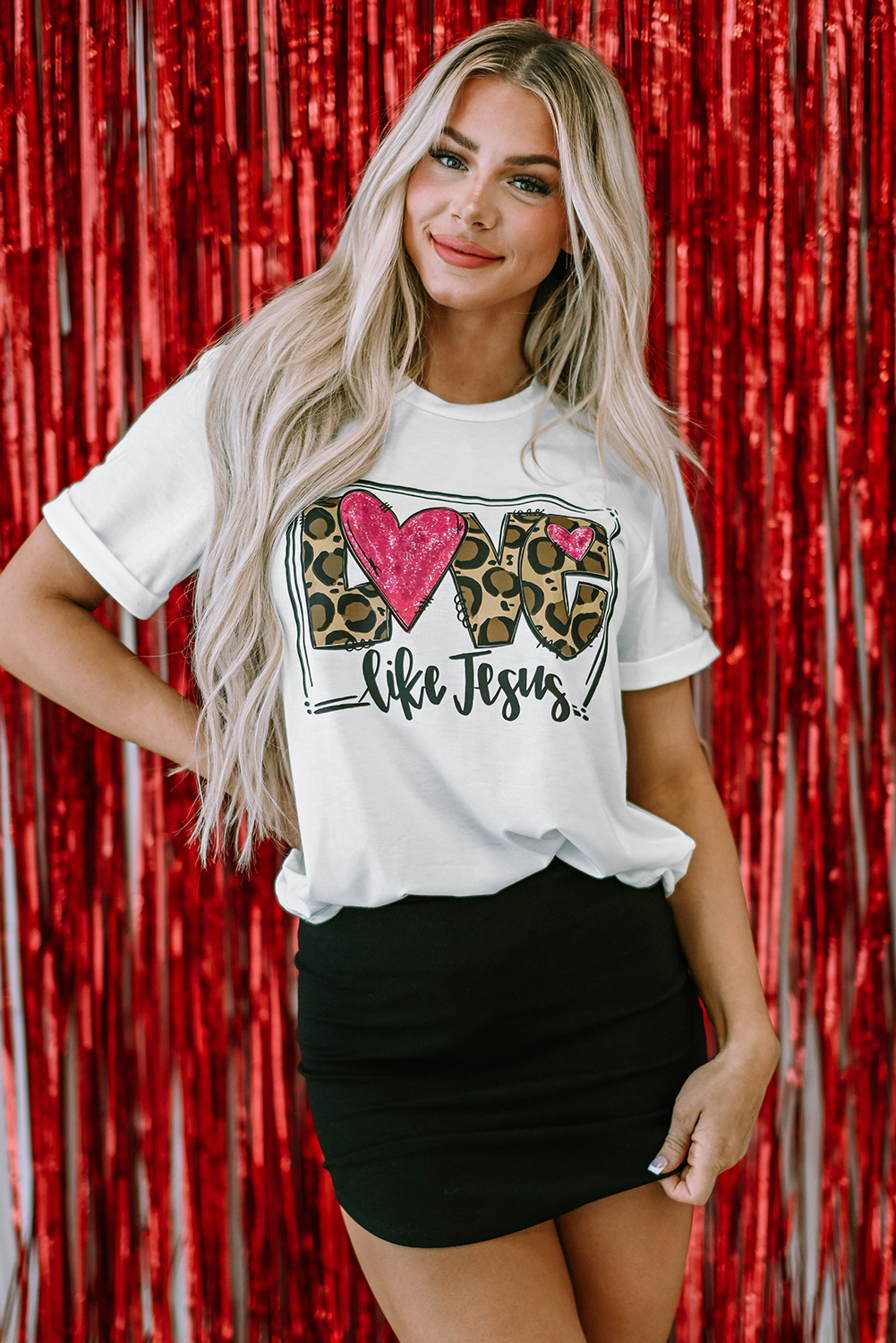 Red Leopard Striped Heart Shaped Print Crew Neck T Shirt - loveforevers