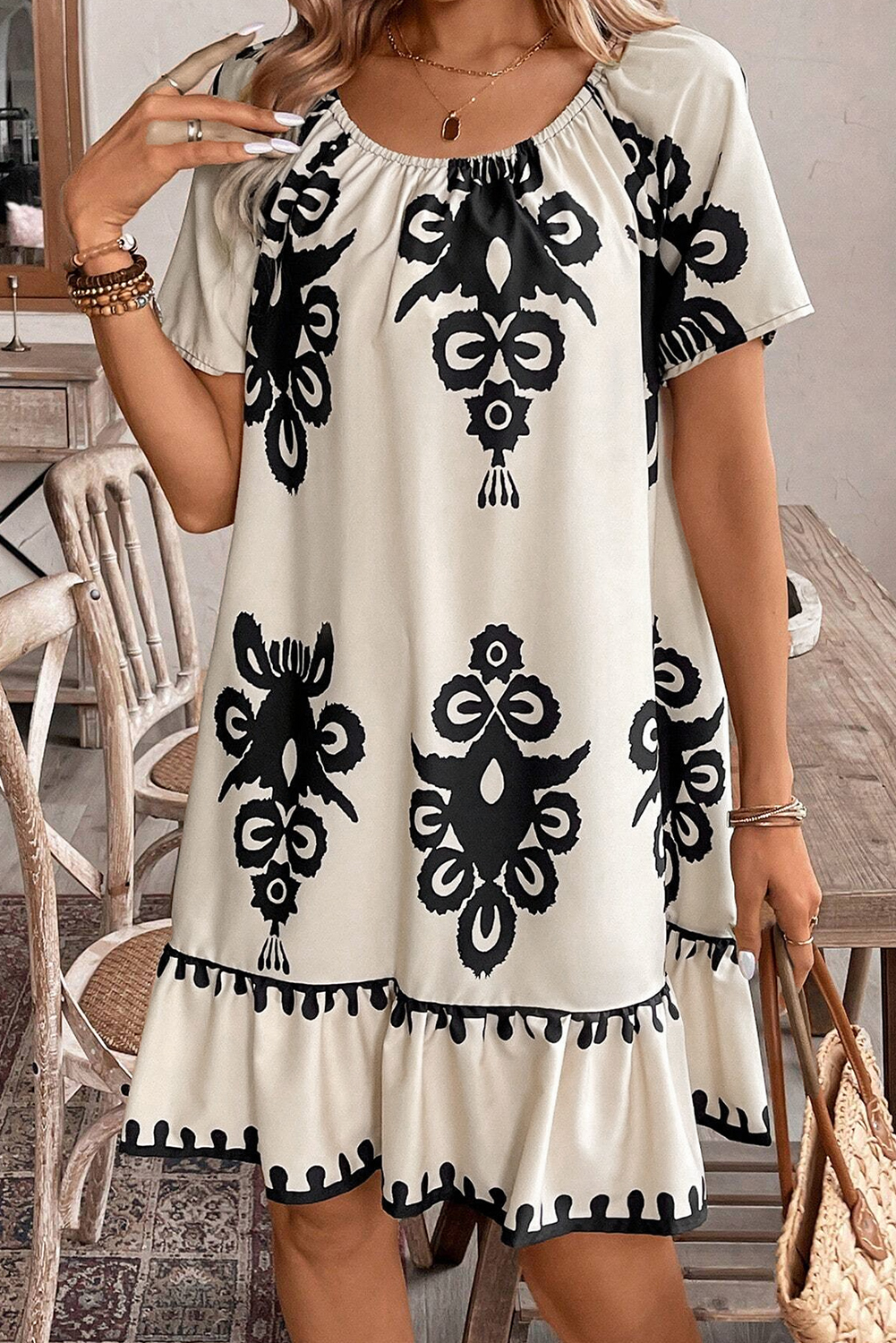 Beige Geometric Printed Sleeveless Hollowed Bowknot Back Mini Dress - loveforevers