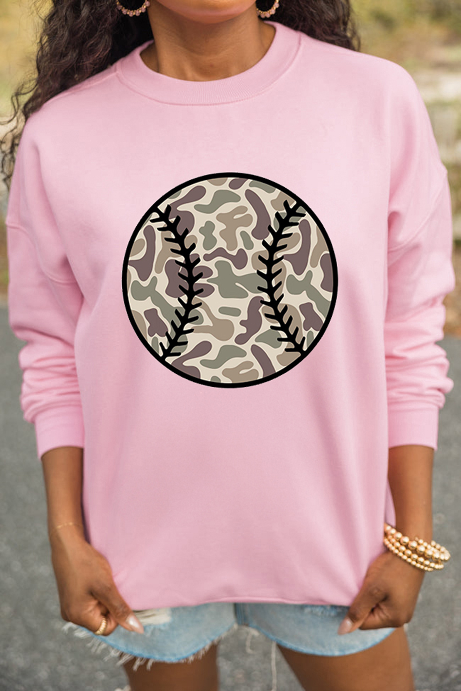 Pink Camouflage Baseball Dropped Shoulder Sweatshirt - loveforevers