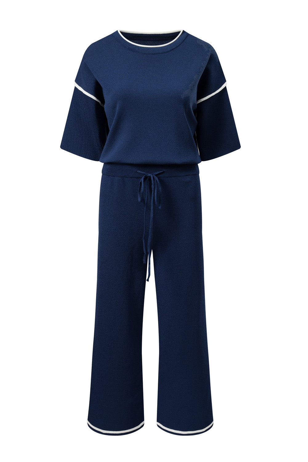 Blackish Green Contrast Trim Half Sleeve Top Drawstring Pants Loose 2pcs Sweater Suit - loveforevers