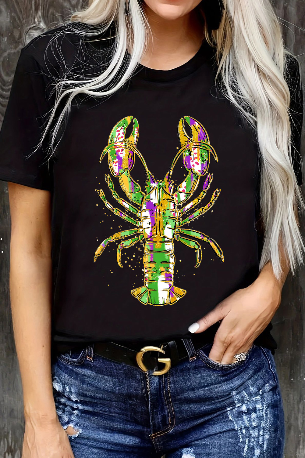 Black Mardi Gras Lobster Heat Transfer Graphic T Shirt - loveforevers