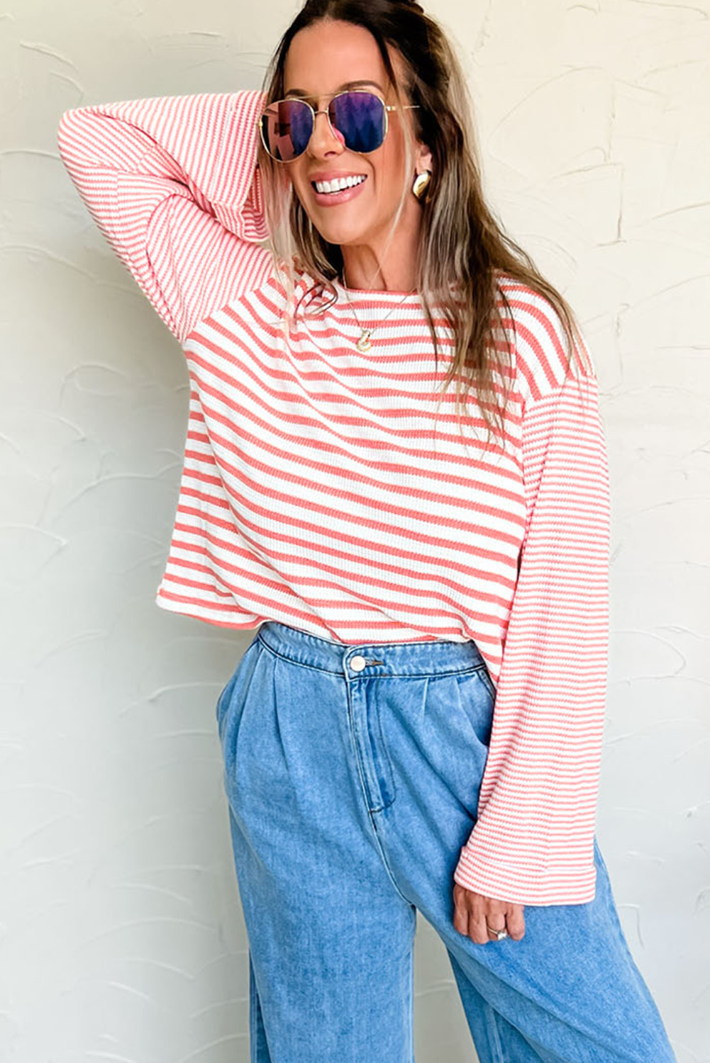 Pink Stripe Textured Contrast Dropped Long Sleeve Top - loveforevers