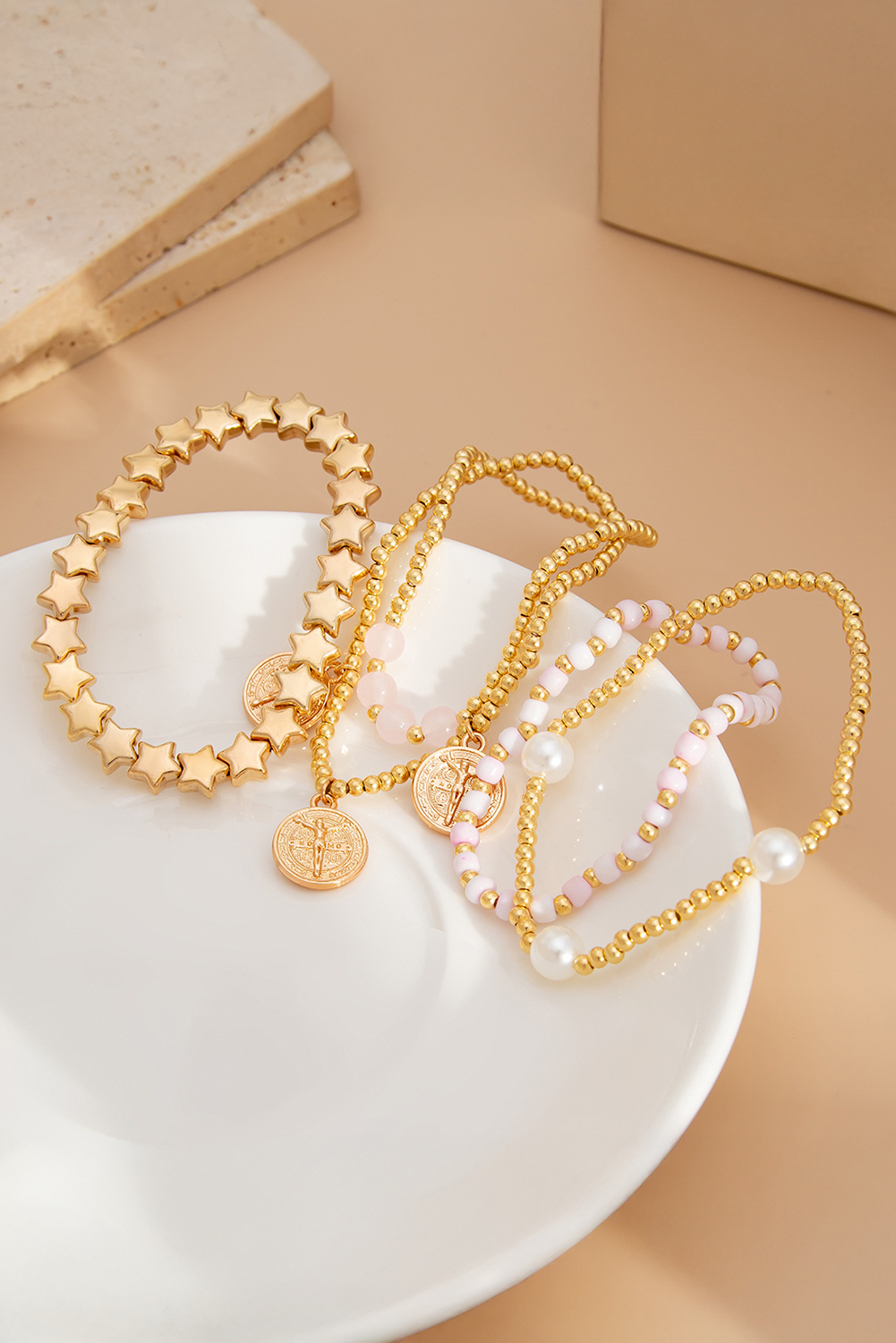 Gold Discs Pearl Stars Beaded Multi Layer Bracelet Set - loveforevers