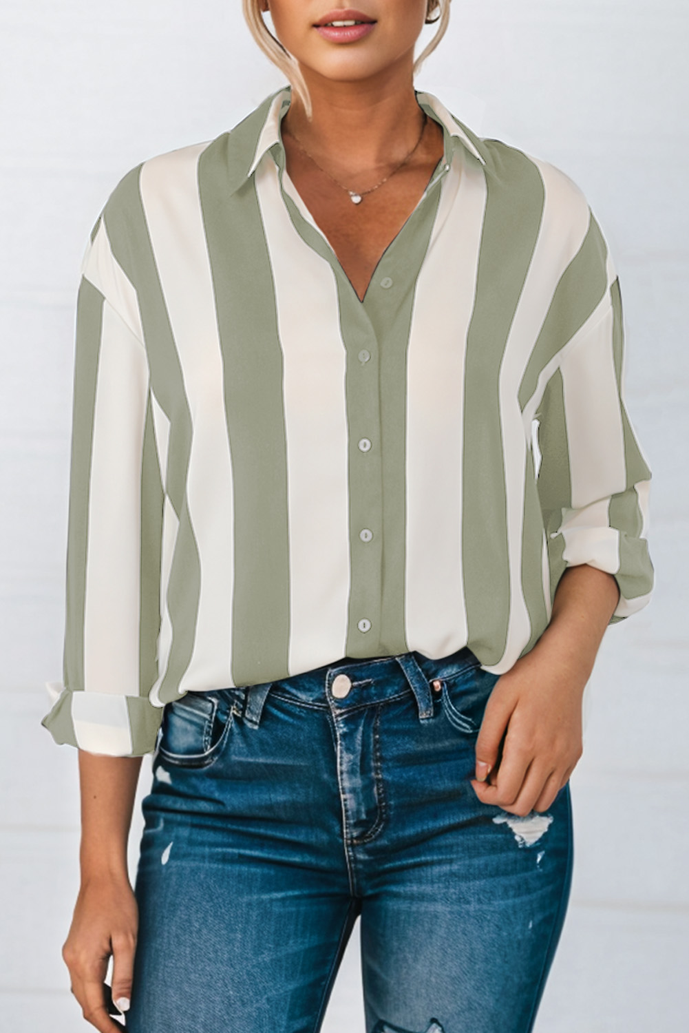Green Striped Soft Relaxed Button Up Shirt - loveforevers