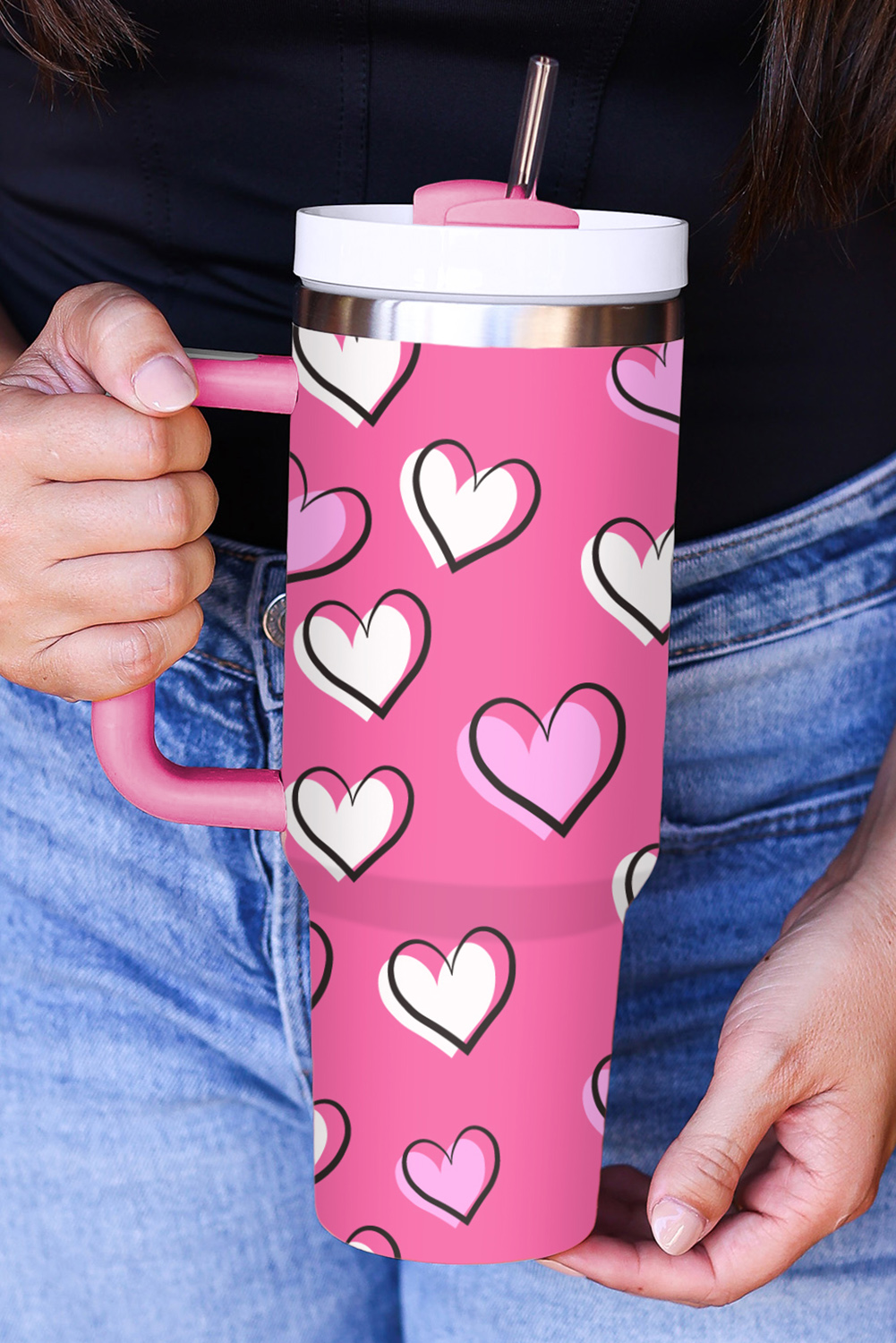 Black Valentines Heart Printed Thermos Cup with Handle 40oz - loveforevers