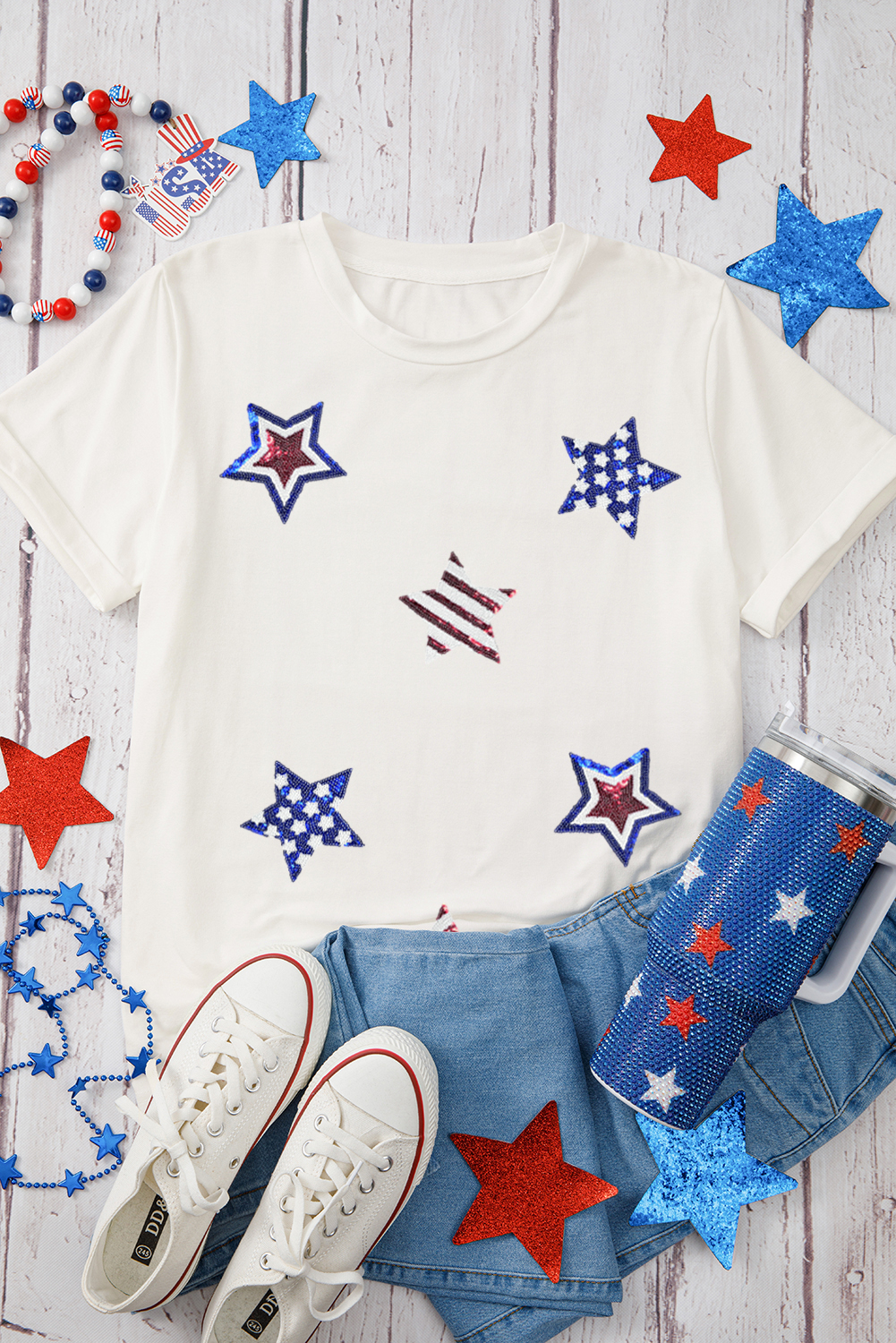 White USA Sequin Stars Patched Casual T Shirt - loveforevers