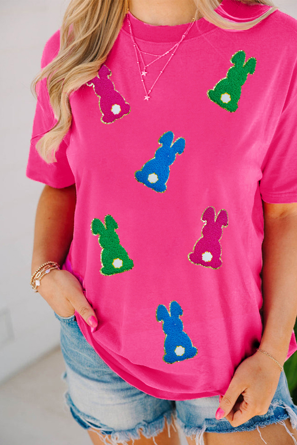 Rose Red Easter Rabbit Chenille Patched Pattern Crew Neck Tee - loveforevers