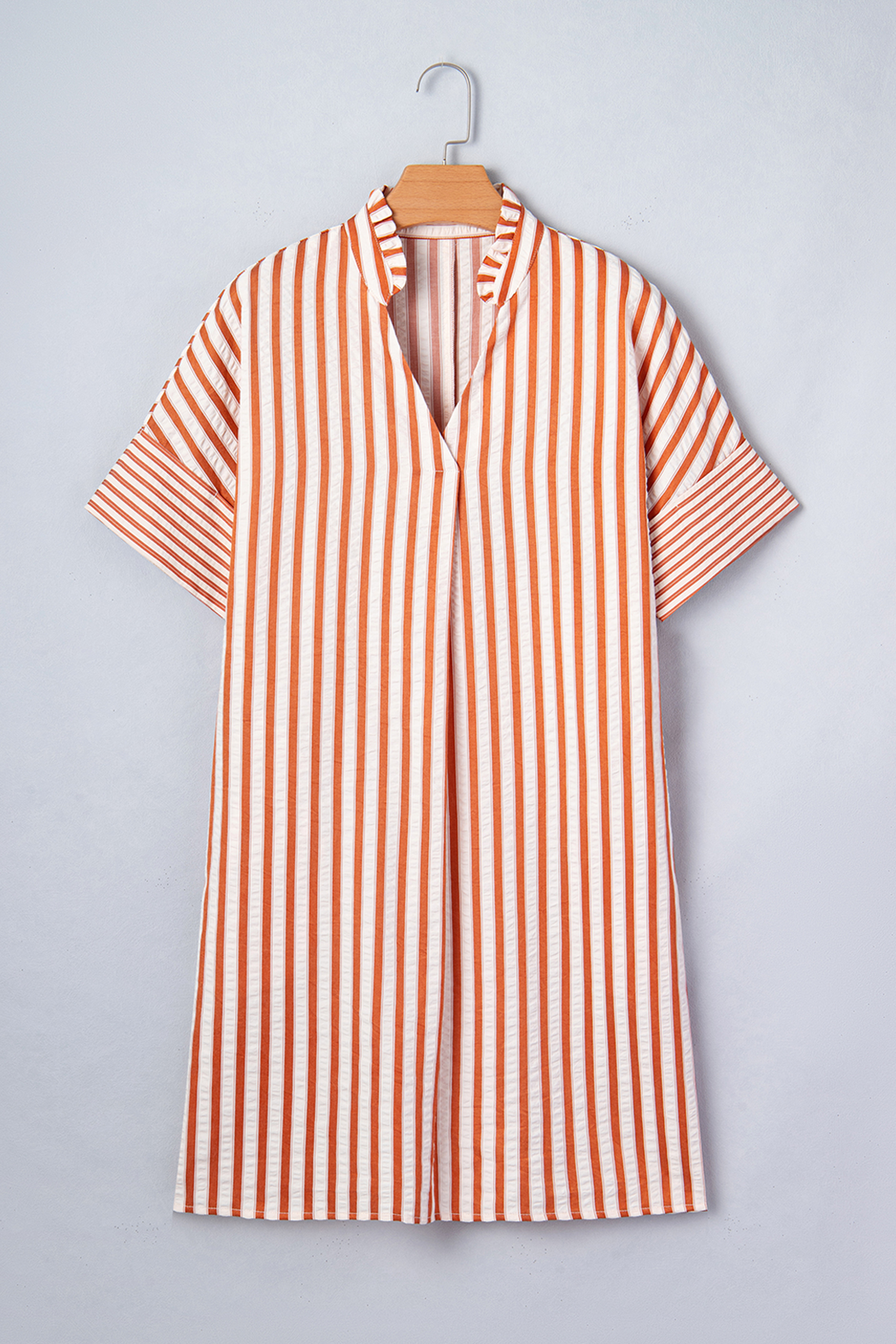 Brown Stripe Pinched V Neck Turn-up Cuffs Shift Mini Dress - loveforevers