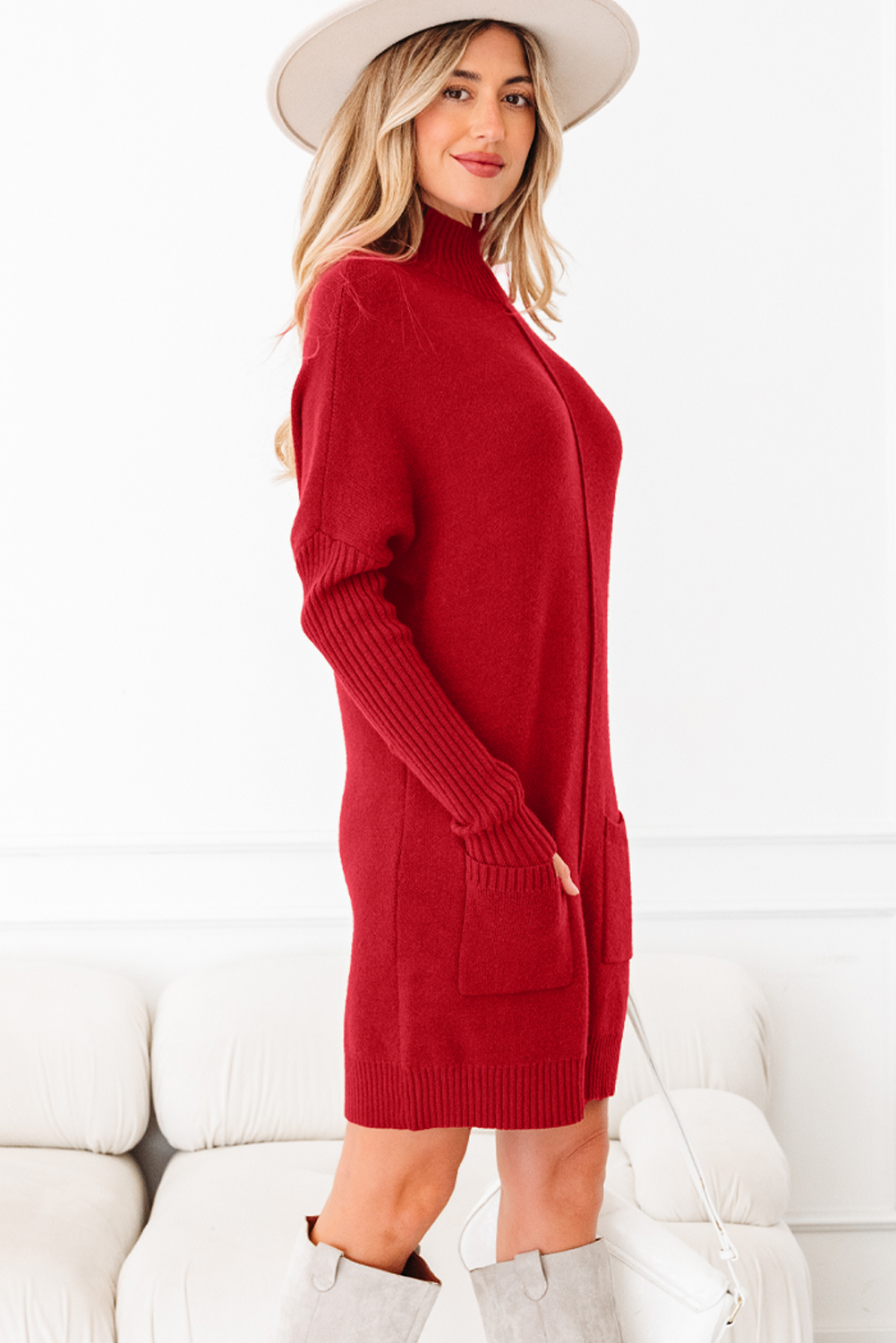 Fiery Red Ribbed High Neck Front Pockets Center Seam Shift Sweater Dress - loveforevers