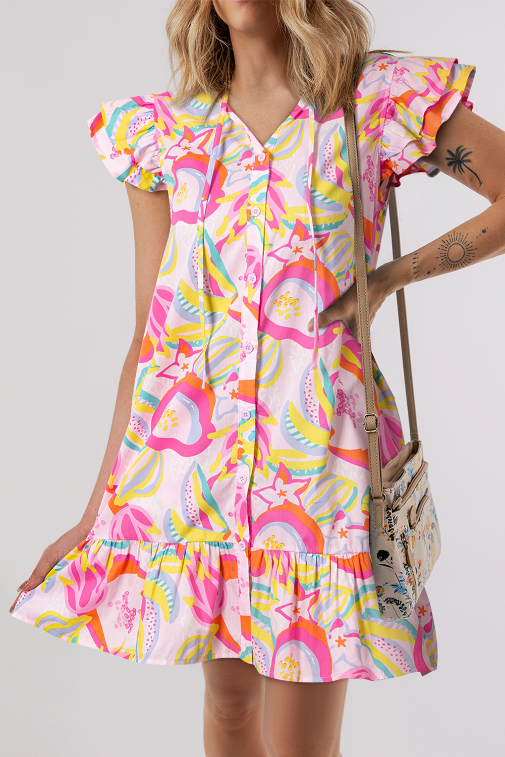 Pink Abstract Floral Ruffle Trim Flutter Sleeve Buttoned Dress - loveforevers