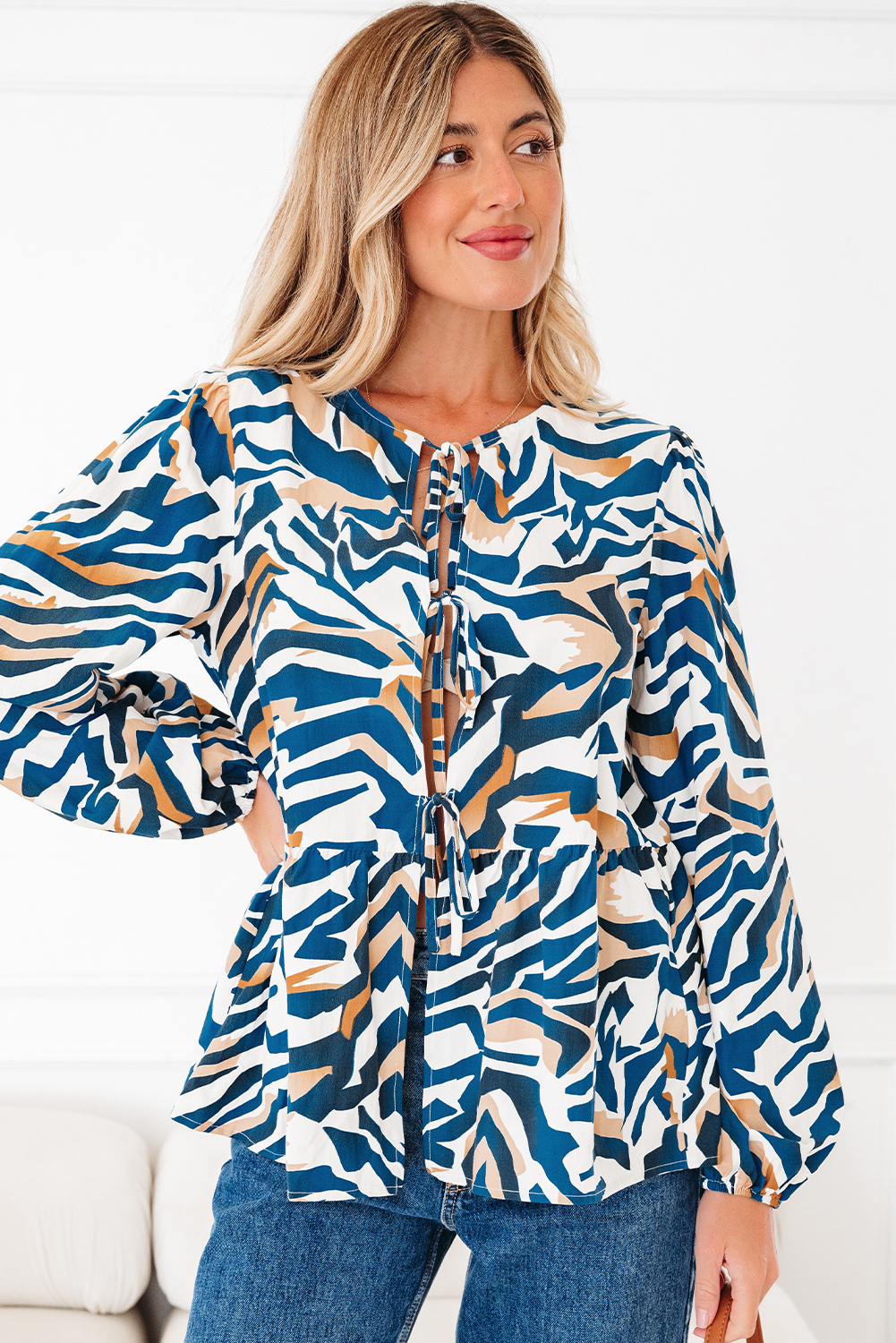 Blue Zebra Print Tied Front Puff Sleeve Top - loveforevers