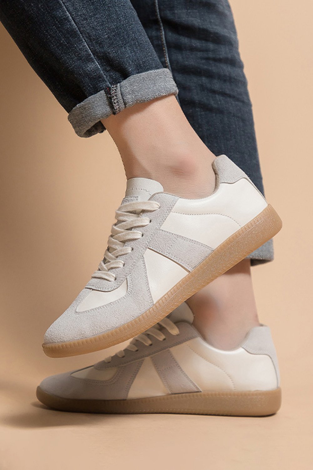 Beige PU Leather Suede Patched Lace-up Flat Shoes - loveforevers