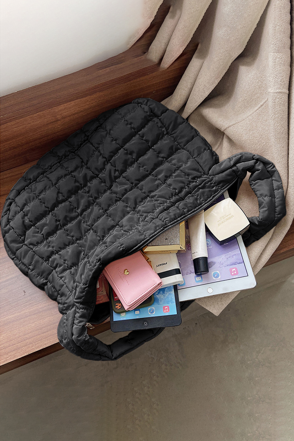 Black Quilted Zipper Large Shoulder Bag - loveforevers