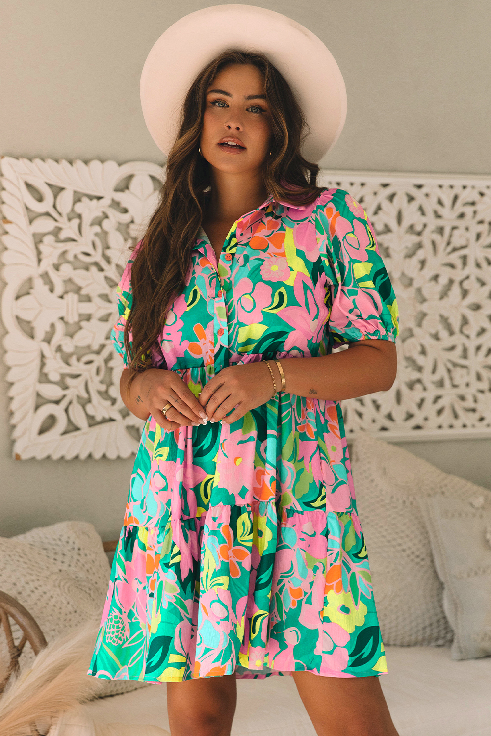 Green Floral Puff Sleeve Collar Buttoned Babydoll Dress - loveforevers