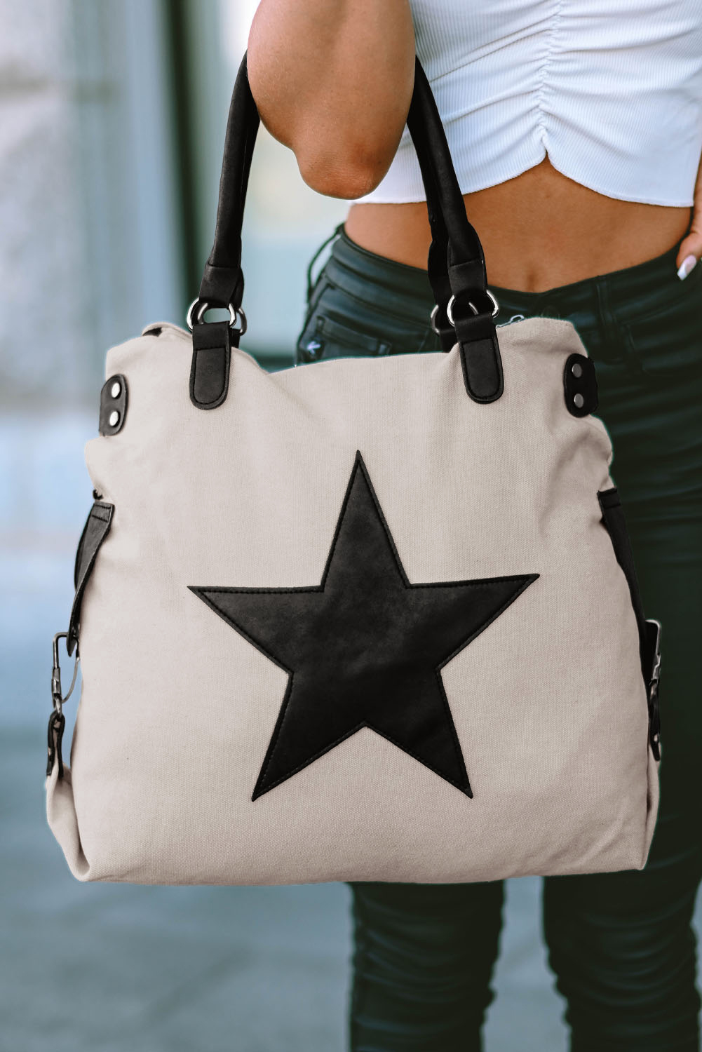 Beige Casual Five-pointed Star Canvas Tote Bag - loveforevers