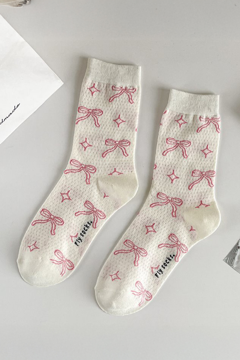 Pink Sweet Bowknot Print Mid Calf Socks - loveforevers