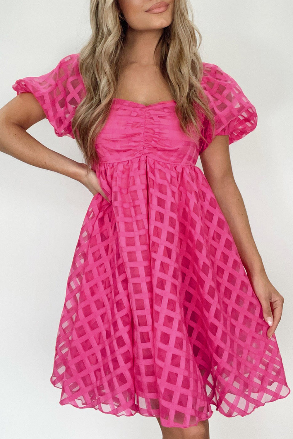 Strawberry Pink Checkered Puff Sleeve Babydoll Dress - loveforevers
