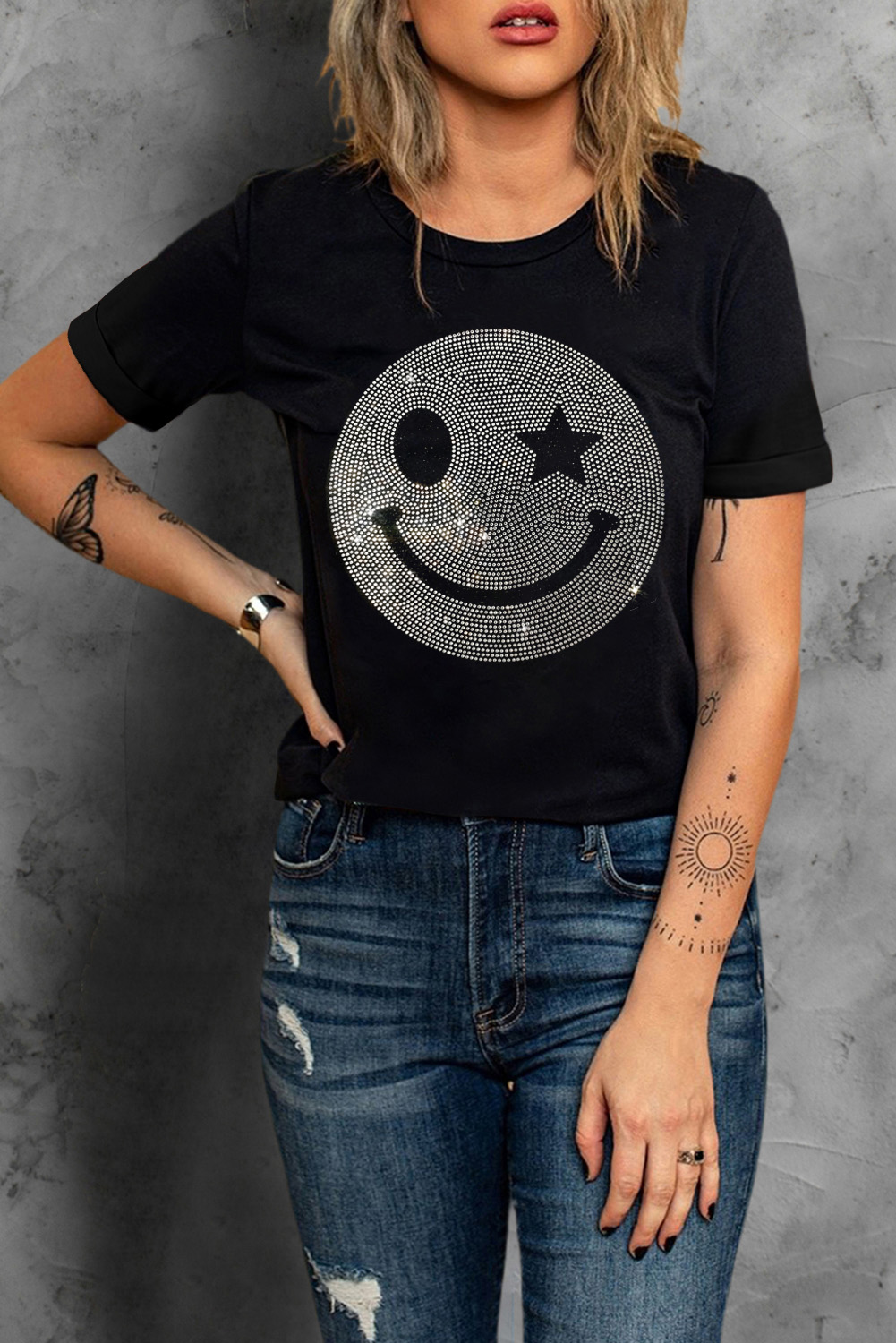 Black Sparkle Rhinestone Smile Face Graphic T Shirt - loveforevers
