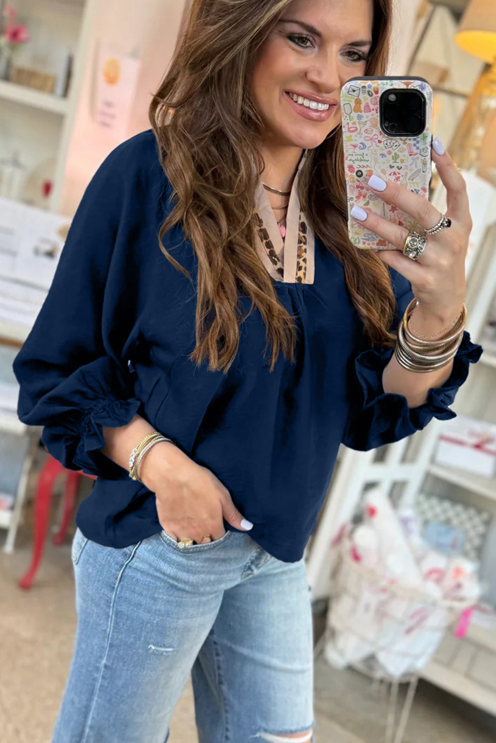 Dirty blue Leopard Trim V Neck Flounced Bracelet Sleeve Blouse - loveforevers