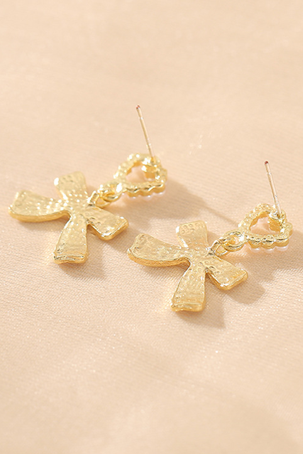 Gold Pearled Heart Shape Bow Knot Dangle Earrings - loveforevers