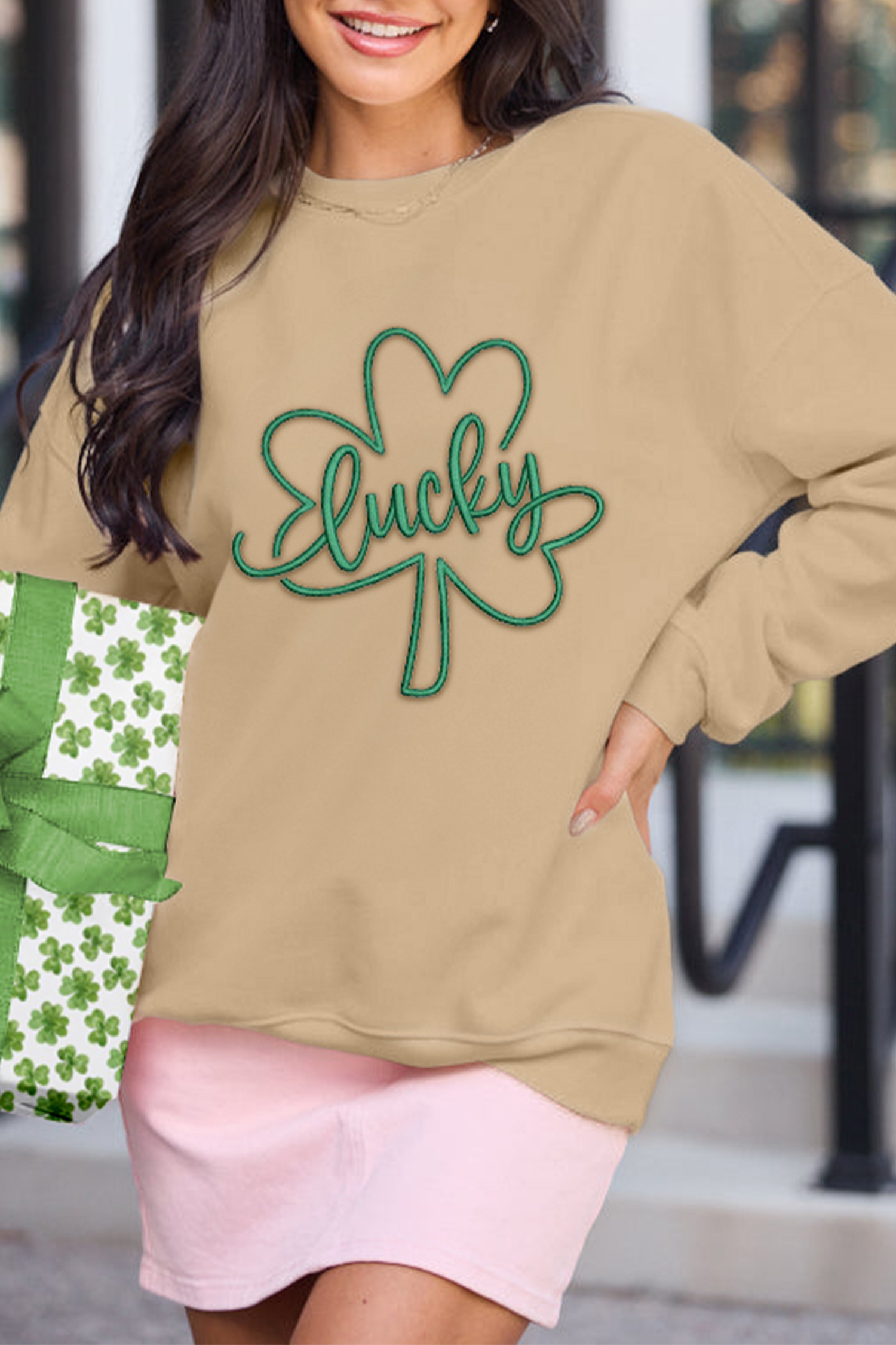 Khaki lucky Clover Embroidered Graphic Casual Pullover Sweatshirt - loveforevers