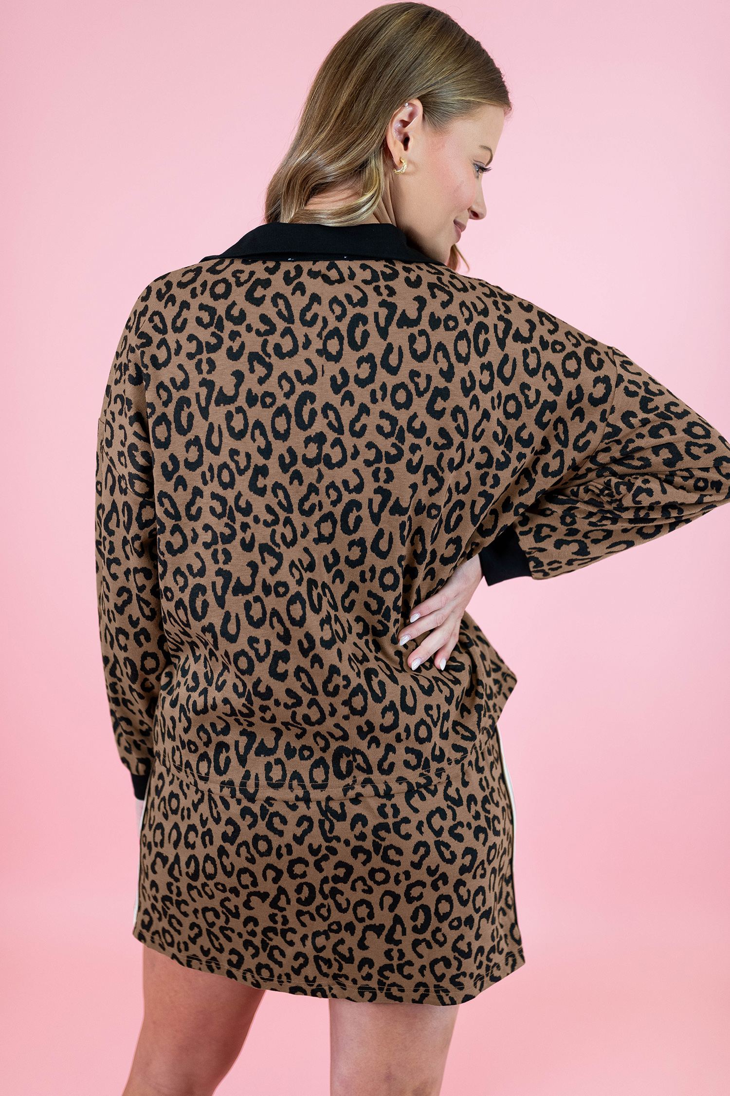 Khaki Leopard Print Quarter Zip Long Sleeve Top Mini Skirt Set - loveforevers