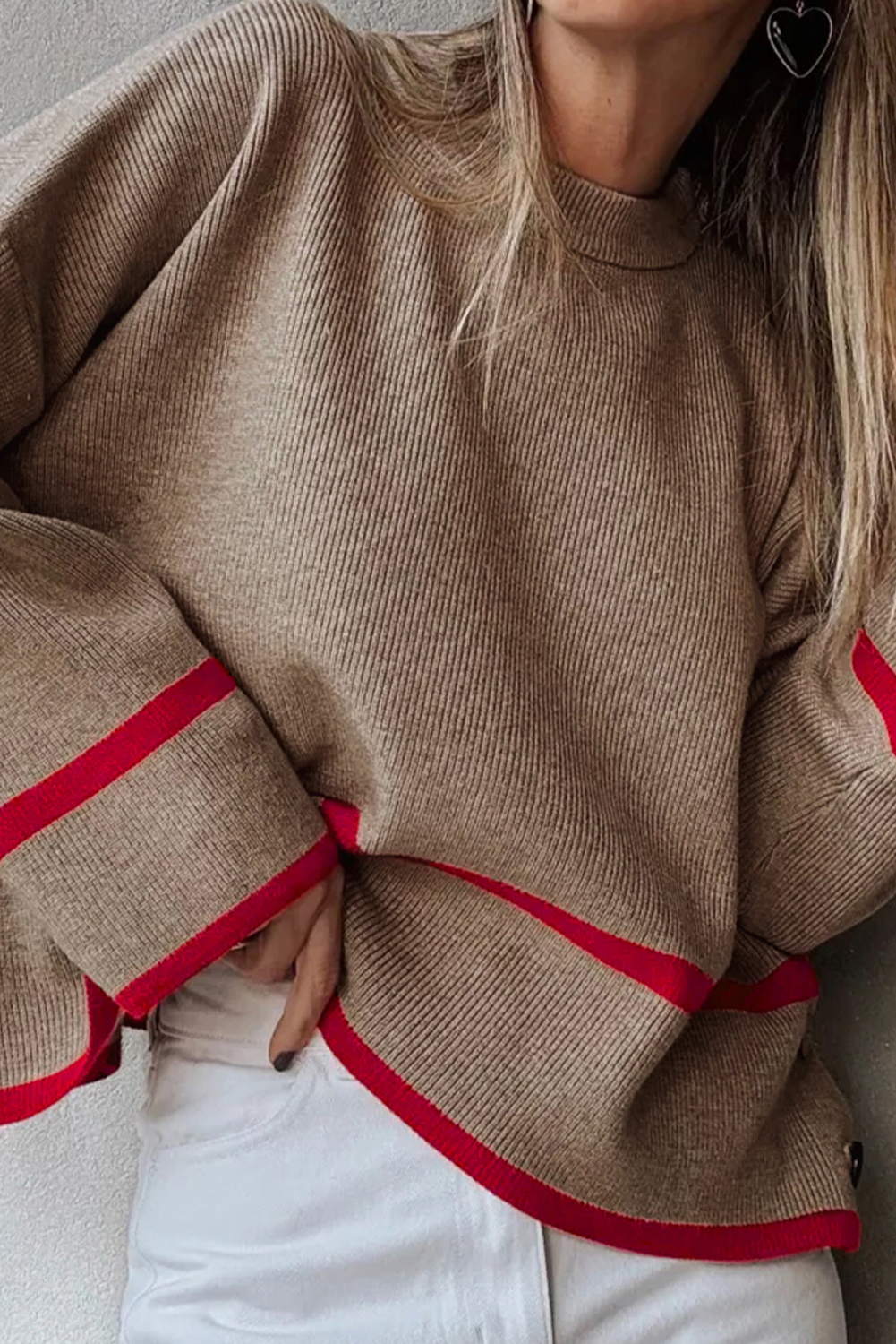Simply Taupe Ribbed Knit Contrasted Stripe Detail Button Side Loose Sweater - loveforevers