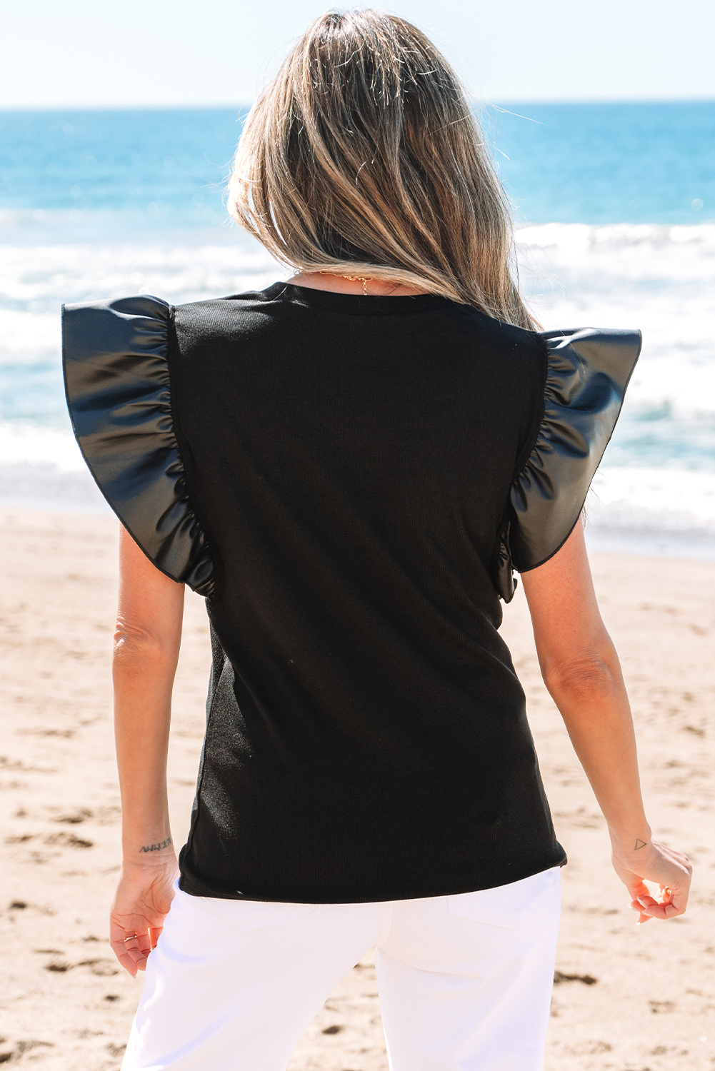 Black GAME DAY Checkered Letter Graphic Leatherette Ruffle Sleeve Top - loveforevers