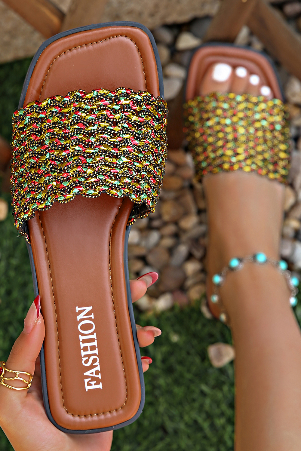 Red Dahlia Glitter Braided Square Toe PU Leather Slippers - loveforevers